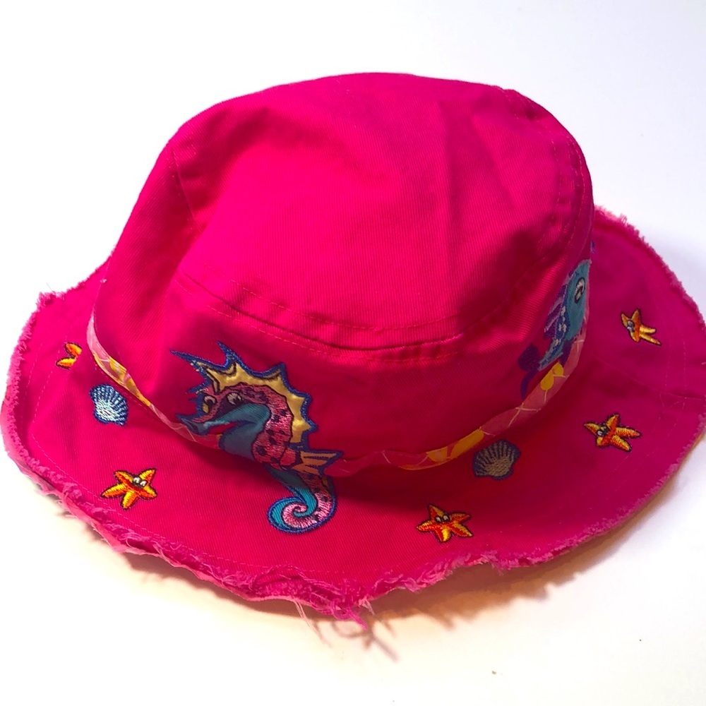 Sea Life Pink Cotton Bucket Hat Embroidered Seahorse Fish Starfish Love Toddlers